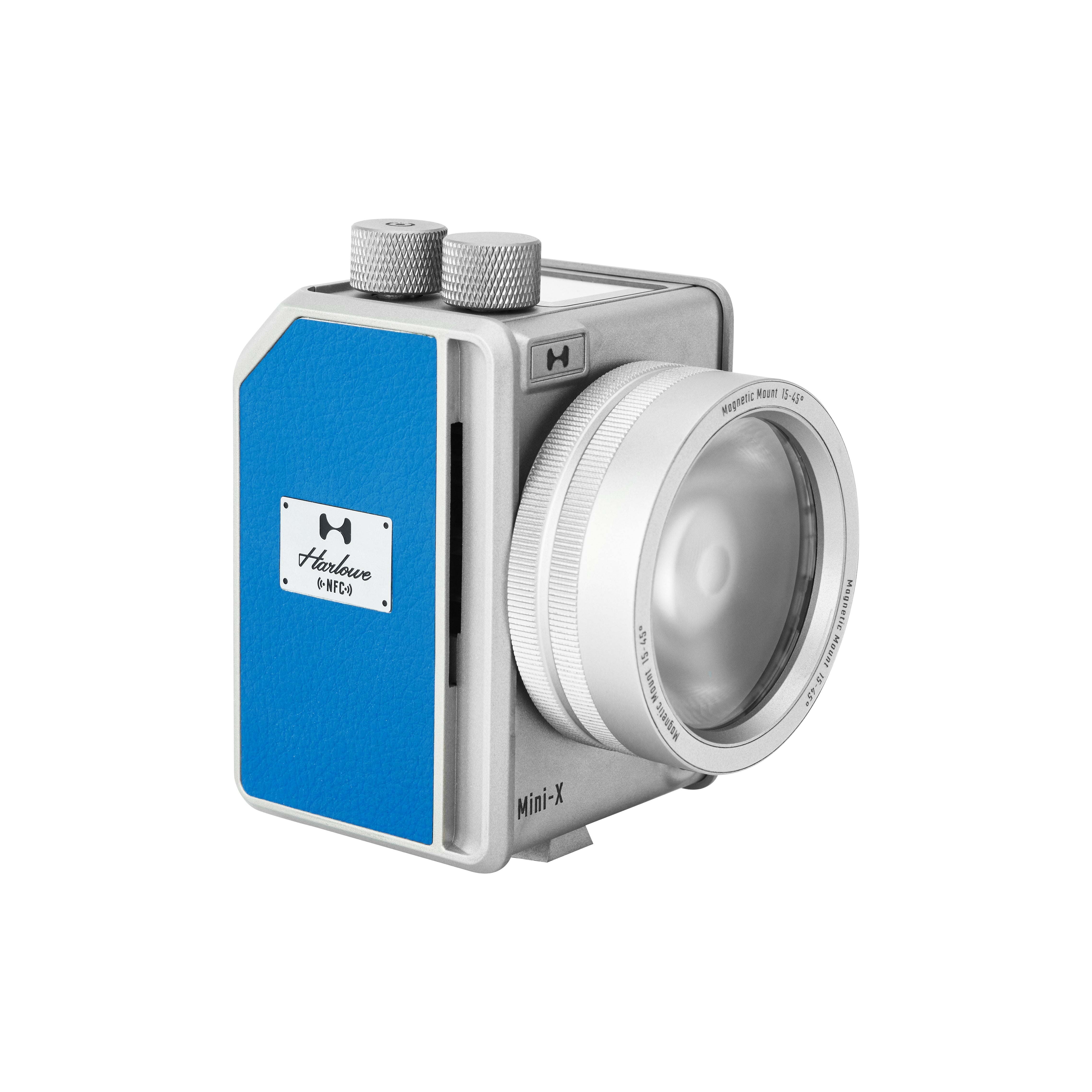 Harlowe Mini II-X 20W Creator Kit front lens angle with blue side panel on white background.