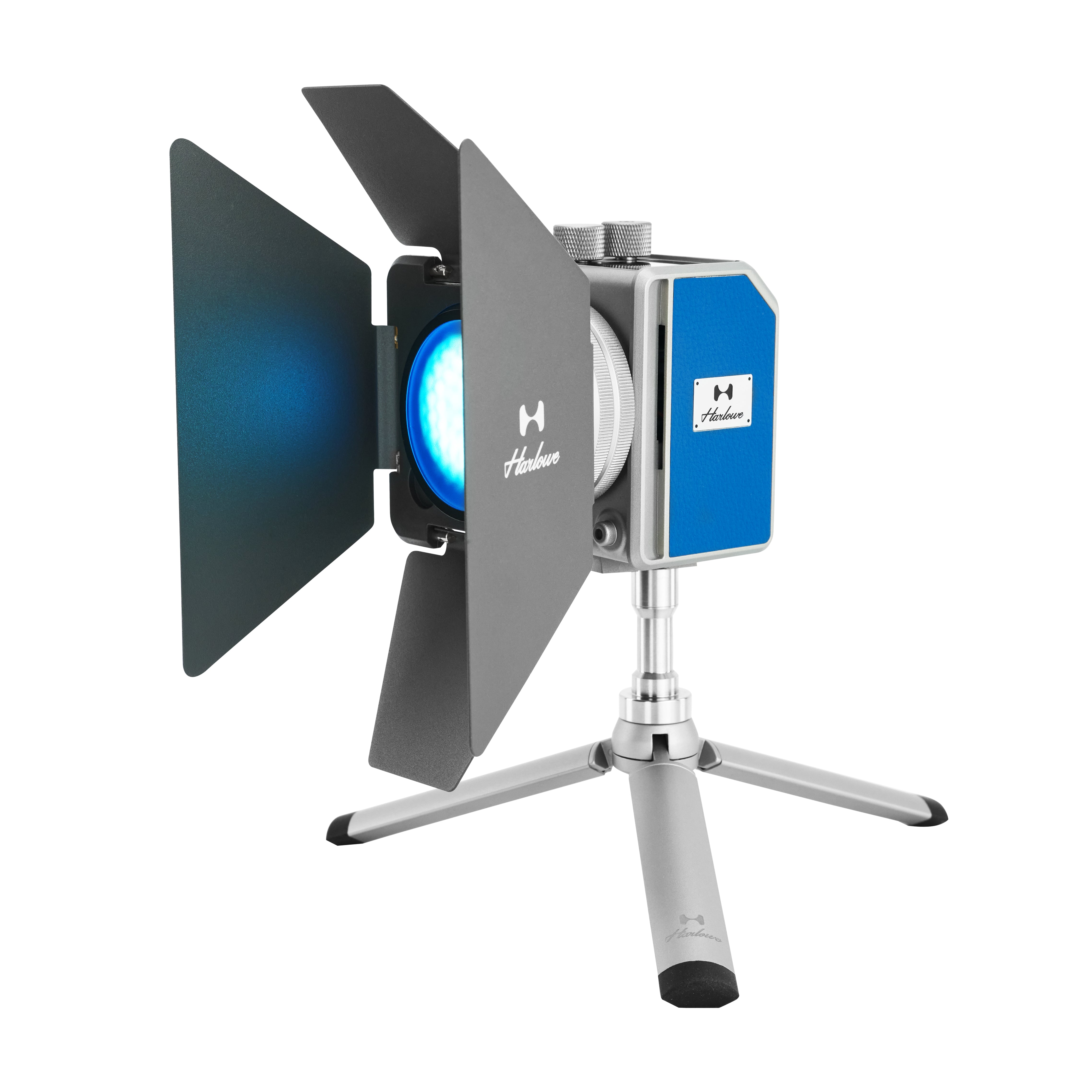 Harlowe Mini II-X Creator Kit with barn doors, desktop stand, and blue light effect.