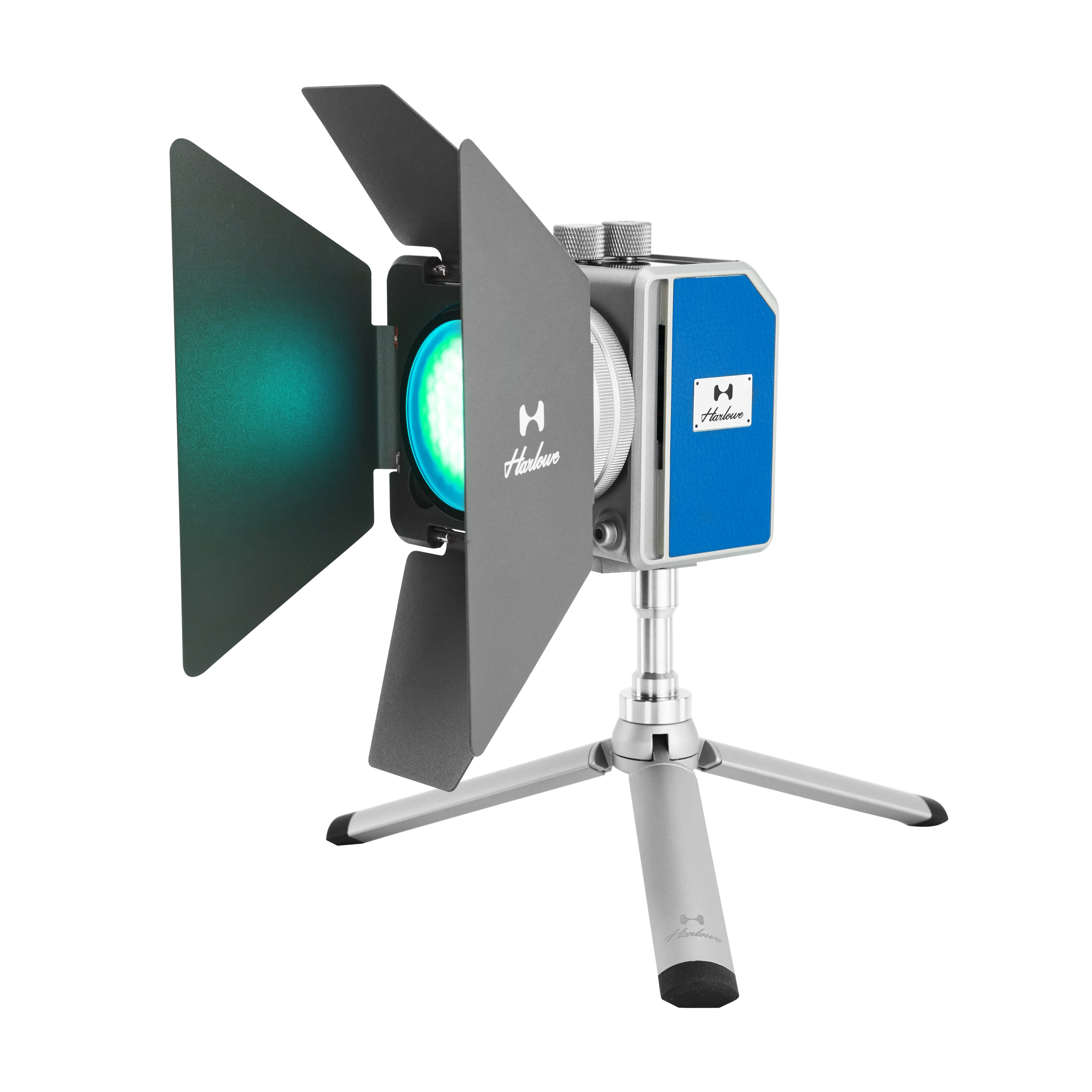 Harlowe Mini II-X Creator Kit with barn doors, desktop stand, and green light effect.