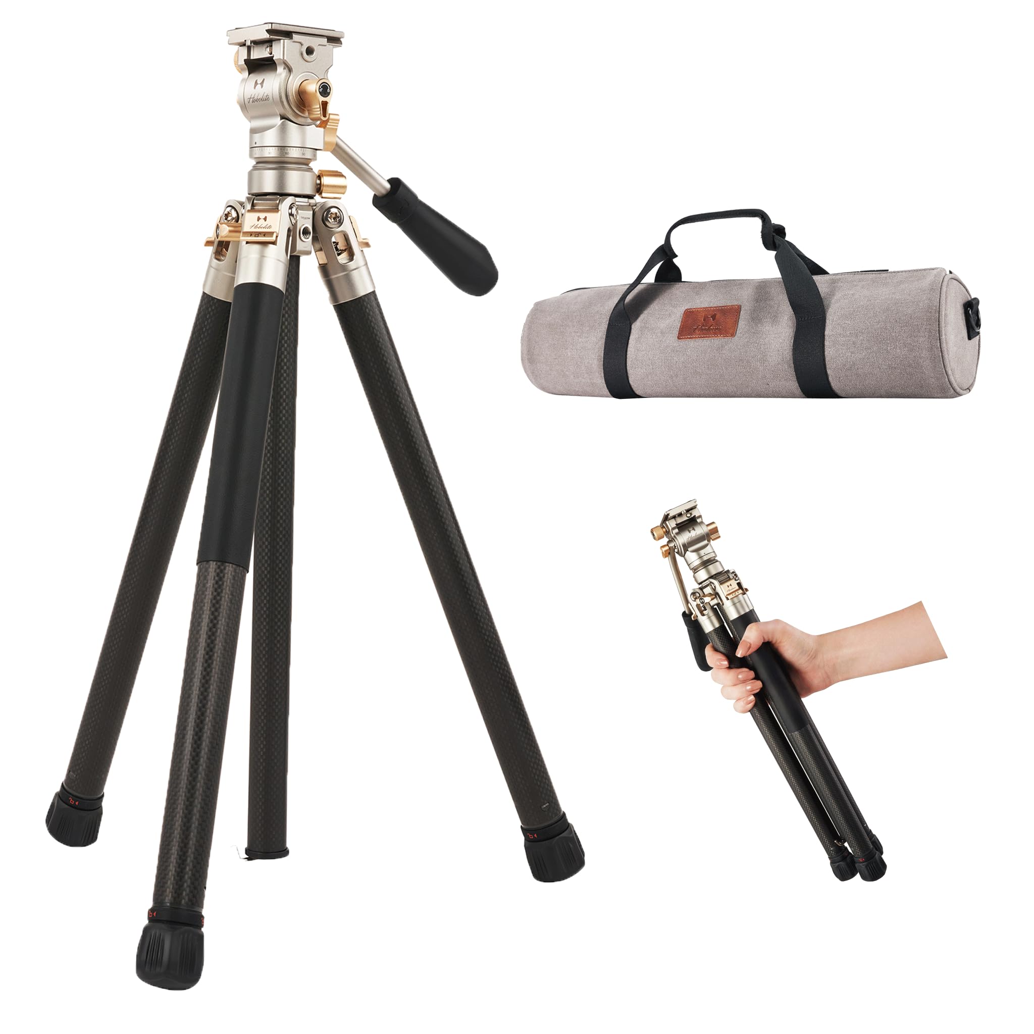 Harlowe Rocket Air carbon fiber tripod with fluid head and carrying bag, shown extended and folded in one hand.