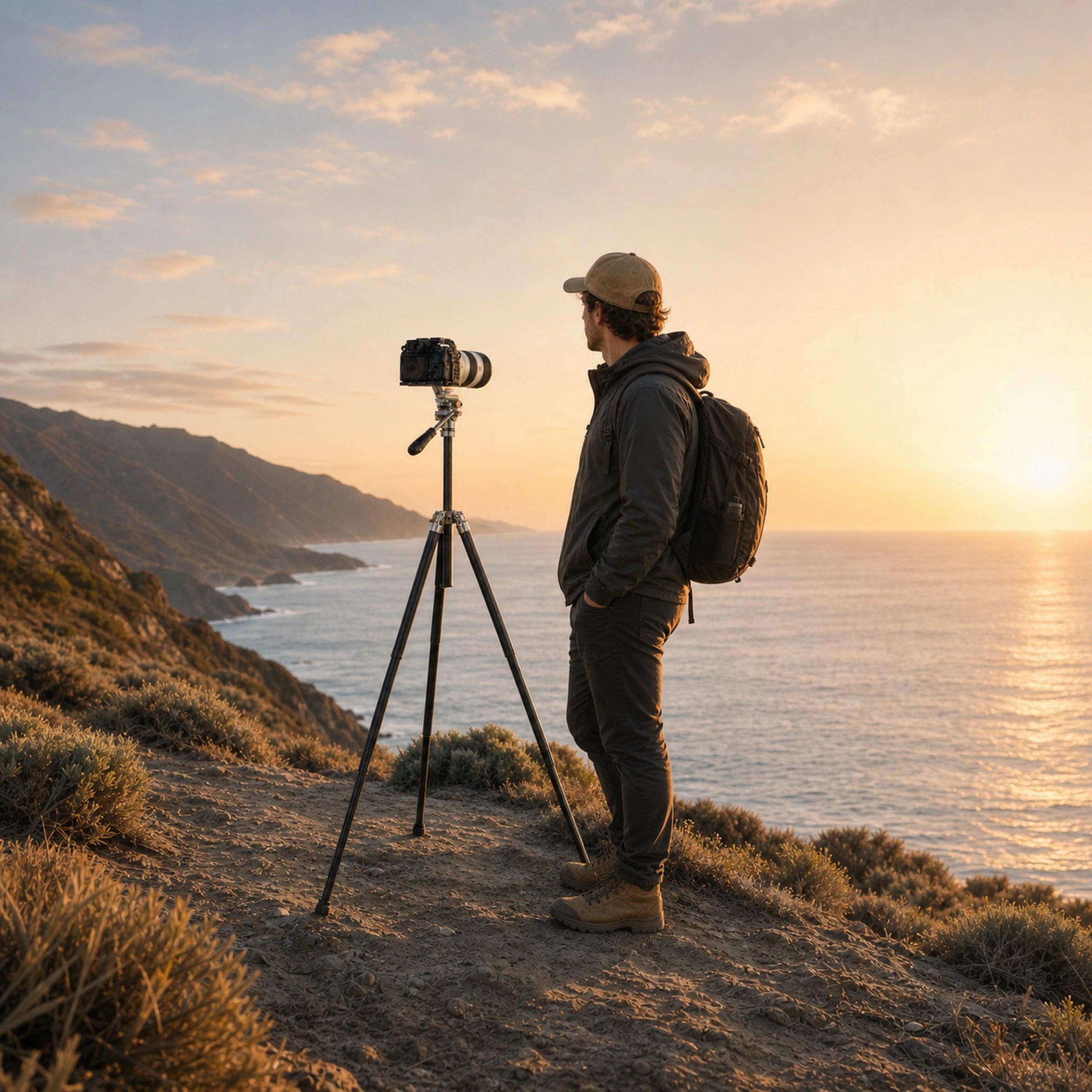 Harlowe Rocket Air carbon fiber travel tripod on a coastal cliff at sunset, a backpacking creator beside it