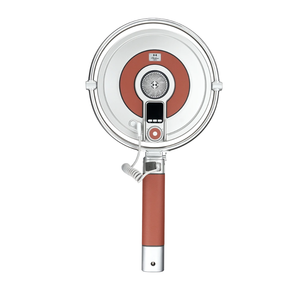 Harlowe Sol 40W round LED panel light with silver frame, rust-colored accent ring, digital controls, and adjustable stand.