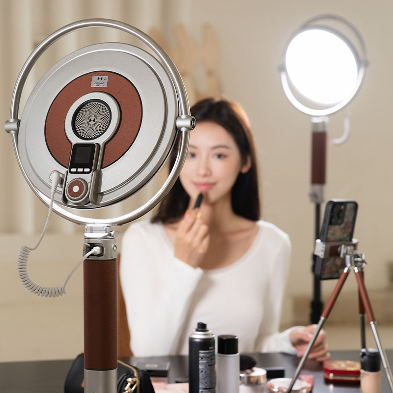 Harlowe Sol LED panel light setup for beauty content creation with professional lighting and smartphone on tripod.