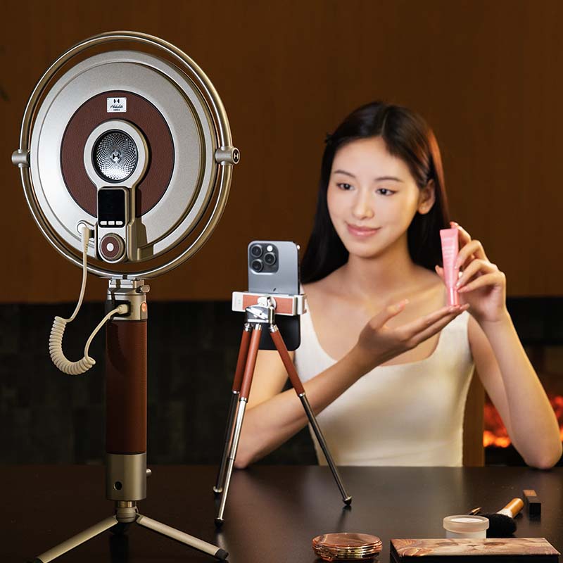 Harlowe Sol 40W LED panel light illuminating beauty product photography with smartphone mounted on tripod.
