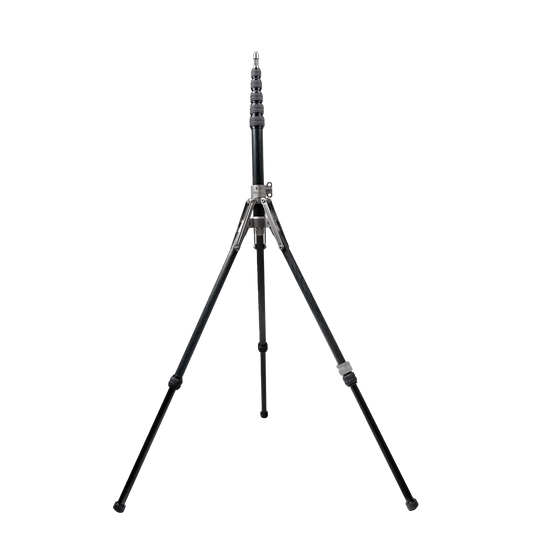 Harlowe Adjustable LED Light Stand 250: Black & silver carbon fiber tripod, 8.2 ft tall. Product appearance.