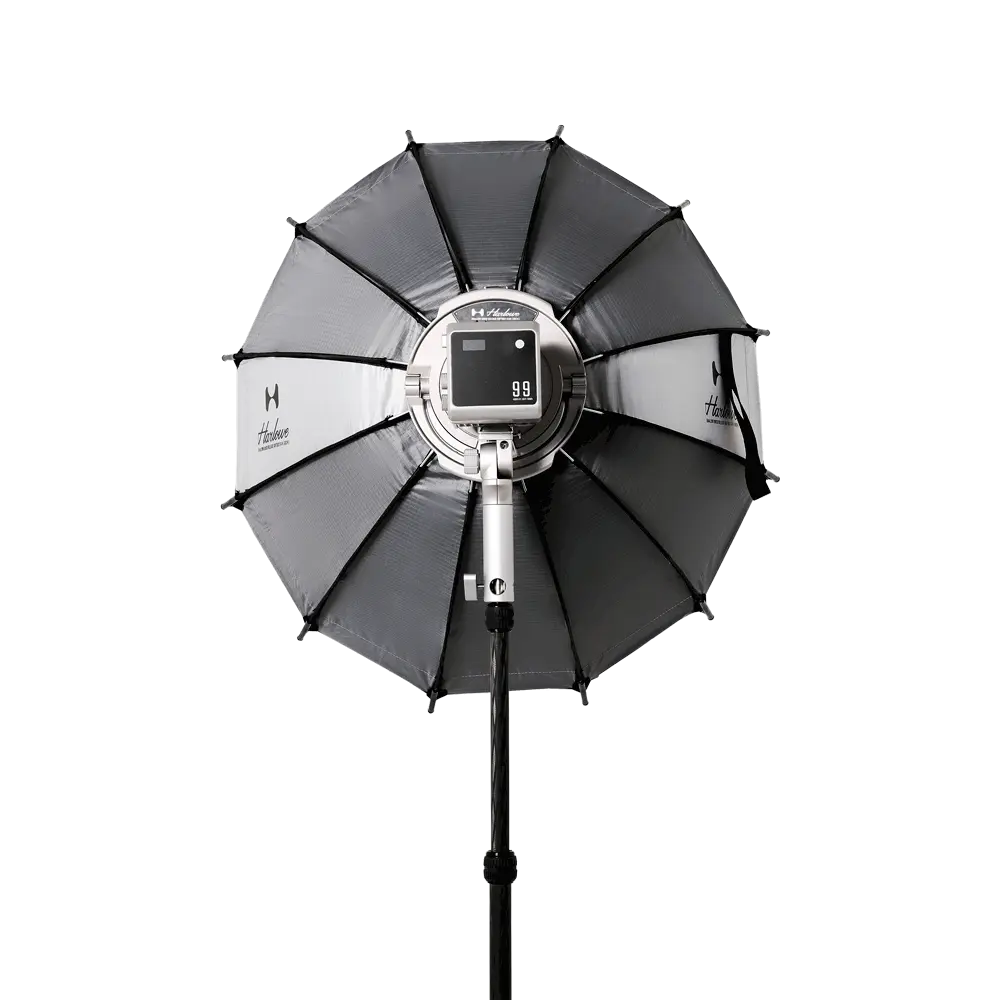 24-inch Harlowe shallow softbox with quick-release design and digital control panel, mounted on adjustable light stand.