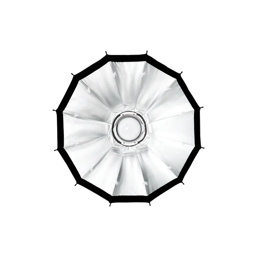 Harlowe Shallow Quick Release Softbox interior with silver reflective panels and central mount, top view.