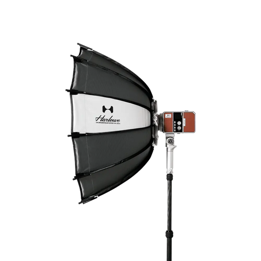 Harlowe shallow softbox lighting with quick release, mounted on a stand with light fixture.