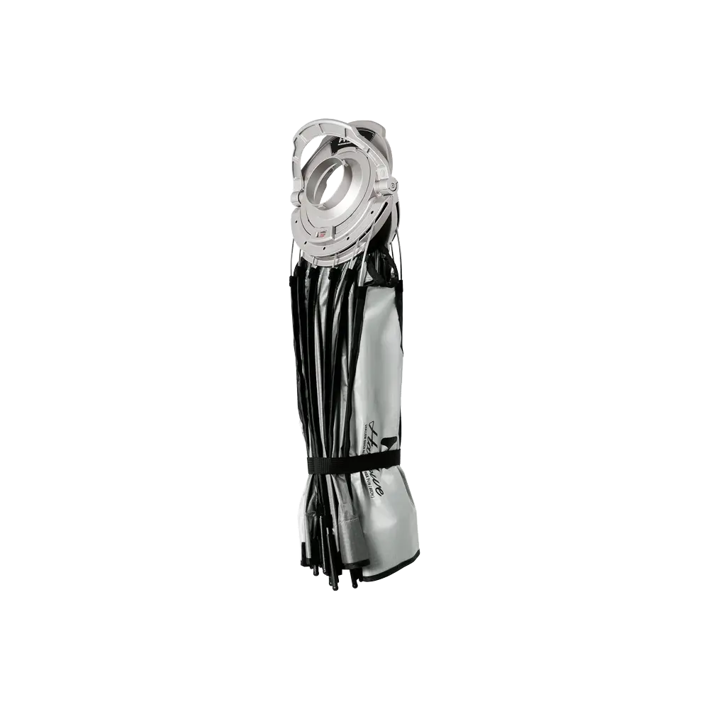 Harlowe Shallow Quick Release Softbox folded with silver interior and black exterior, secured by a logo band.