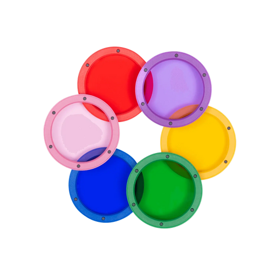 Set of 6 Hobolite Micro Color Gels in red, pink, blue, green, yellow, and purple, arranged in a circle on a black background.