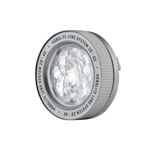 Hobolite Micro Adjustable Lens with 20-45 degree beam angle adjustment, silver finish.