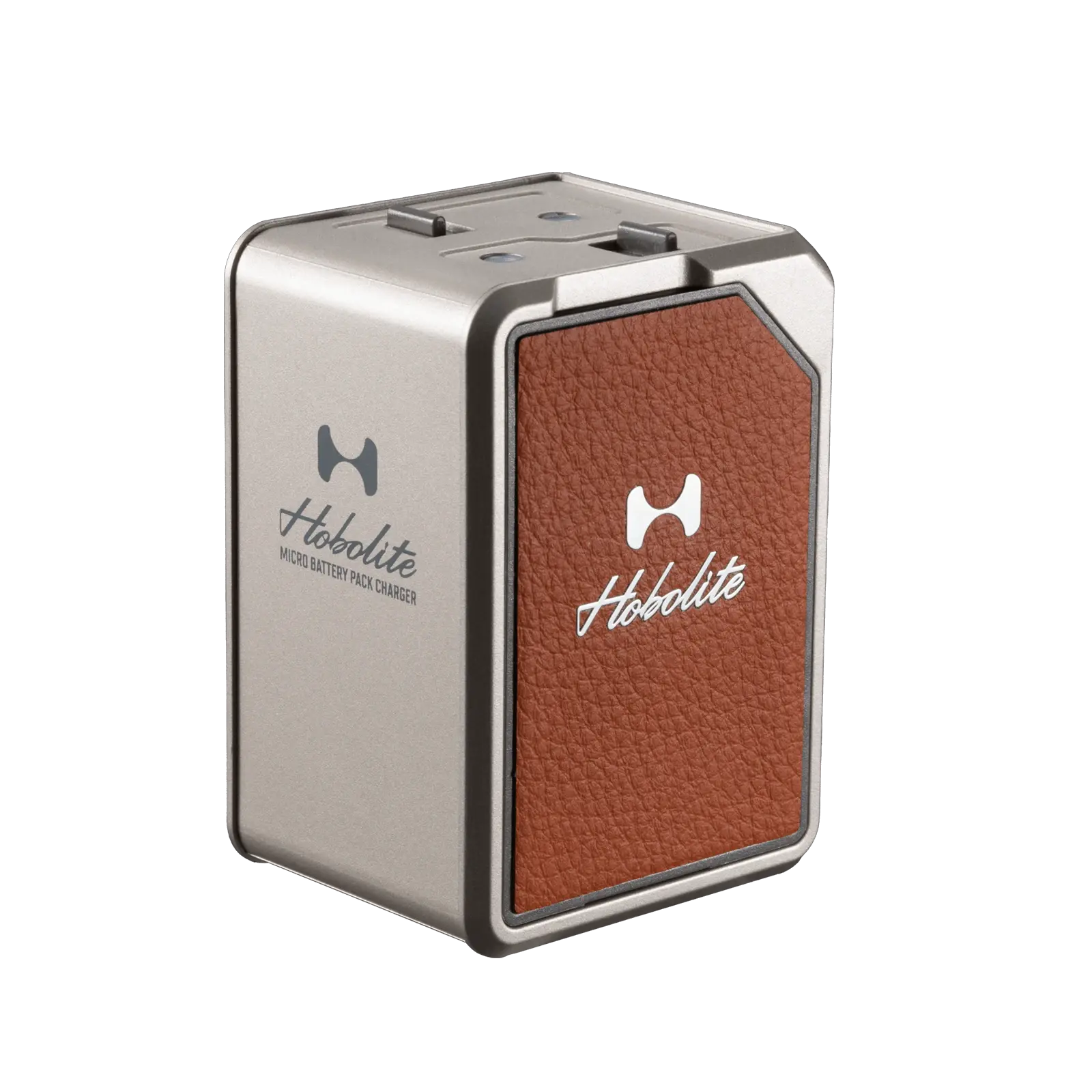 Hobolite Micro charging dock with two batteries, compact metallic grey design with brown leather accent and Hobolite logo.