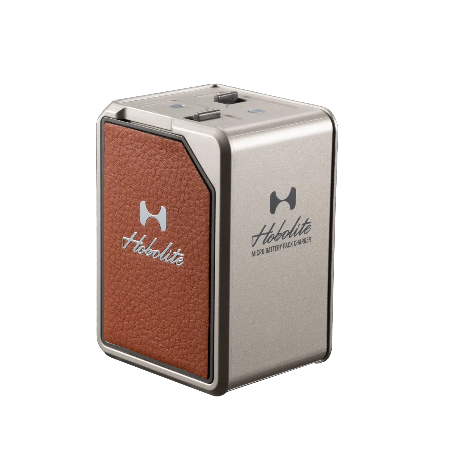 Hobolite Micro Battery Pack Charger in metallic grey with brown leather panel, showcasing compact design and Hobolite logo.
