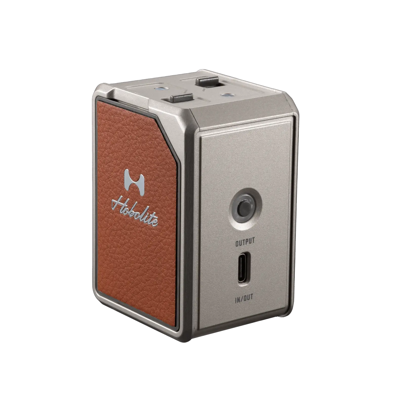 Hobolite Micro charging dock with brown leather accent and logo, features two battery slots and USB ports for power delivery.