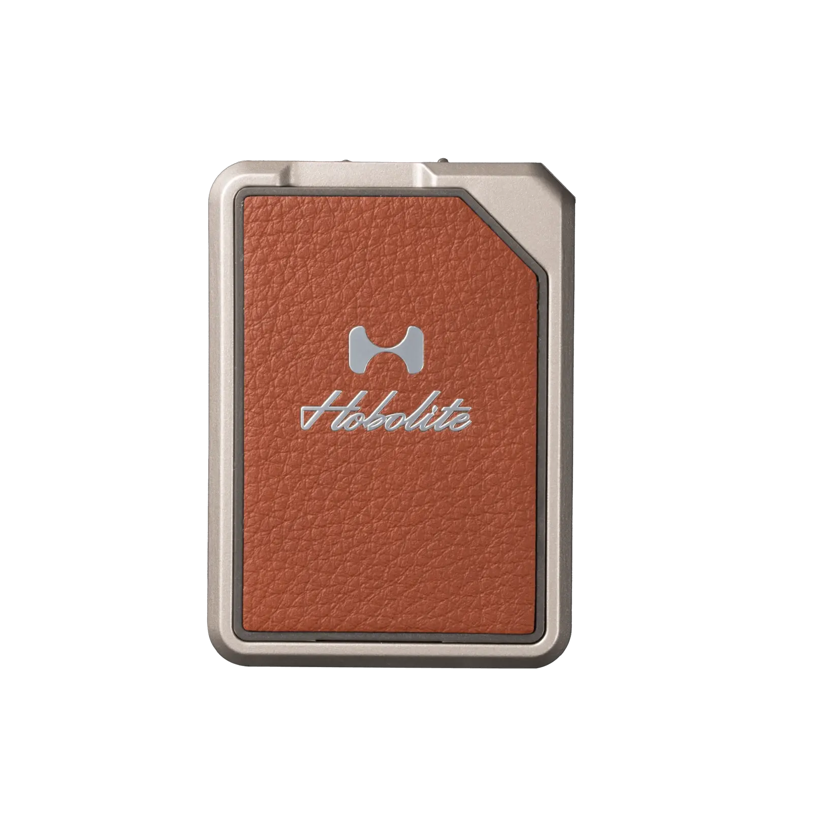 Hobolite Micro charging dock: burnt orange leather panel, silver frame, Hobolite logo. Product design showcase.