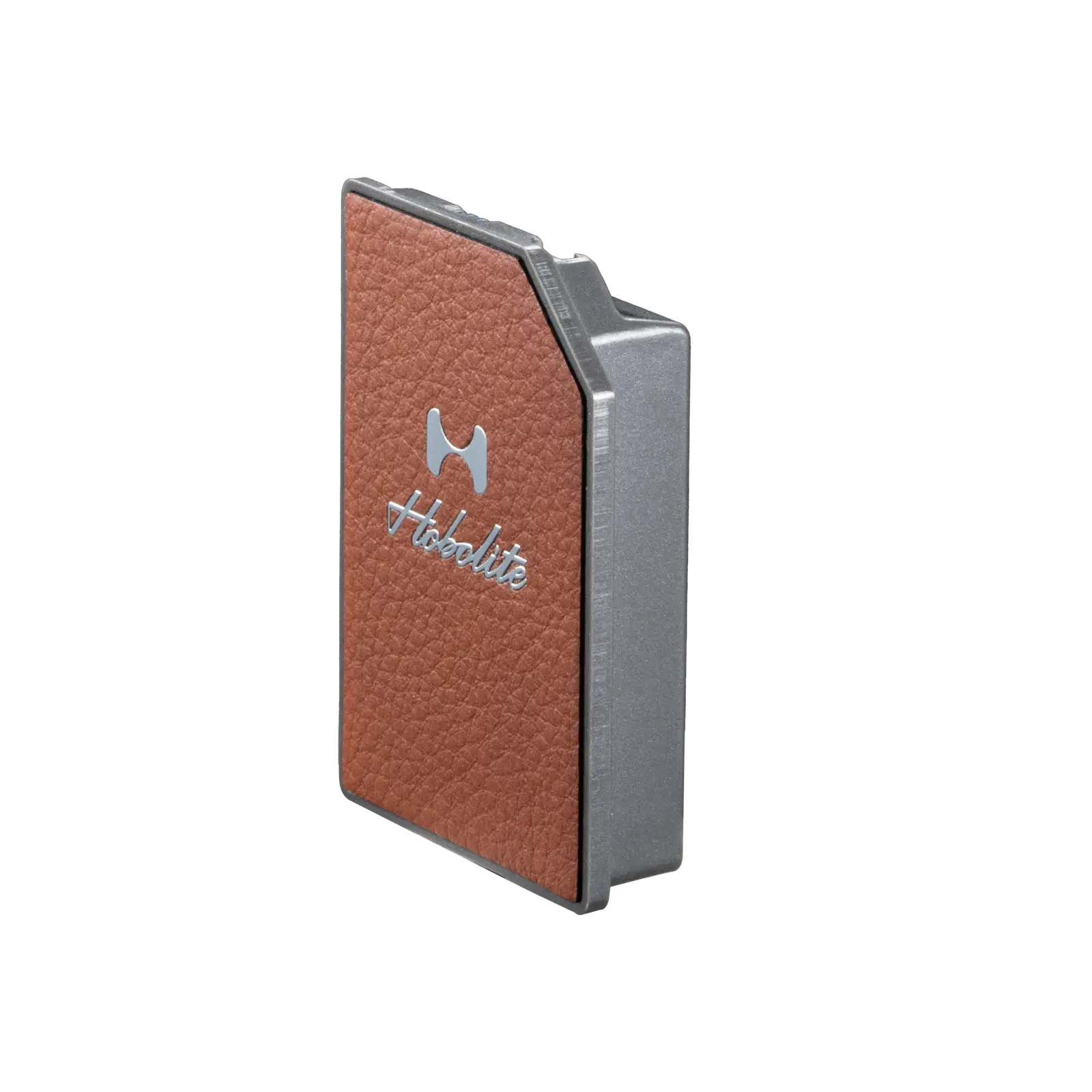 Hobolite Micro charging dock: metallic grey body, burnt orange leather panel, silver logo.