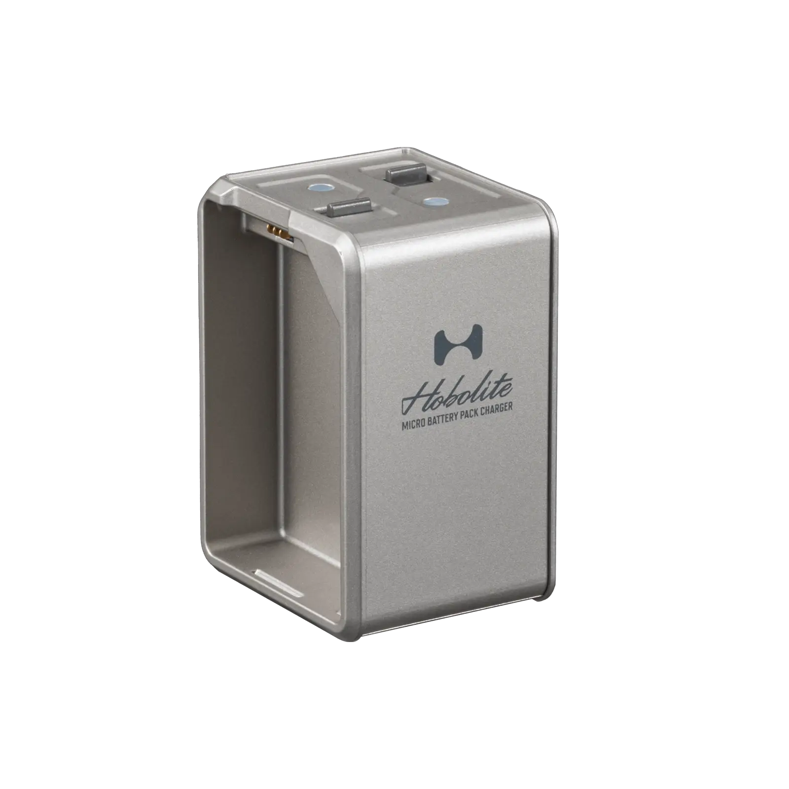 Hobolite Micro charging dock in metallic grey with silver Hobolite logo and dual battery slots.