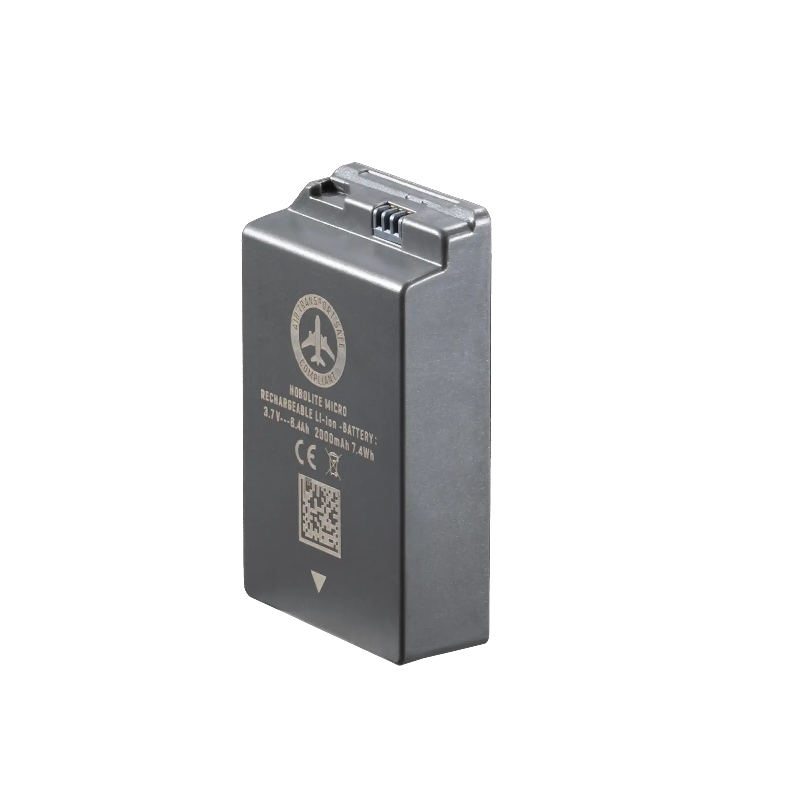 Hobolite Micro rechargeable Li-Ion battery for portable LED lights, dark grey design with technical specifications.