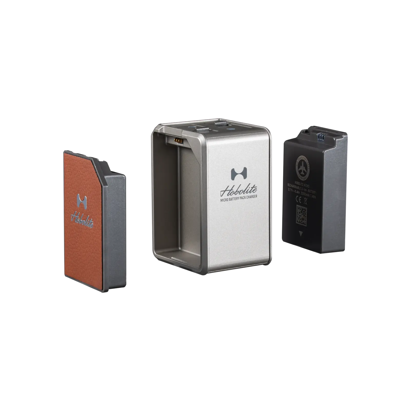 Hobolite Micro charging dock and two batteries in metallic grey with brown leather accent, showcasing product appearance.