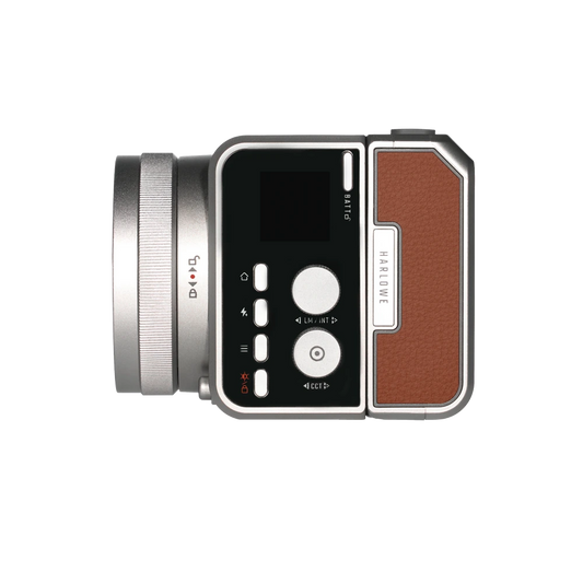 Top-down view of the Harlowe Max Air 40W showing its control panel, display, dials and leather grip