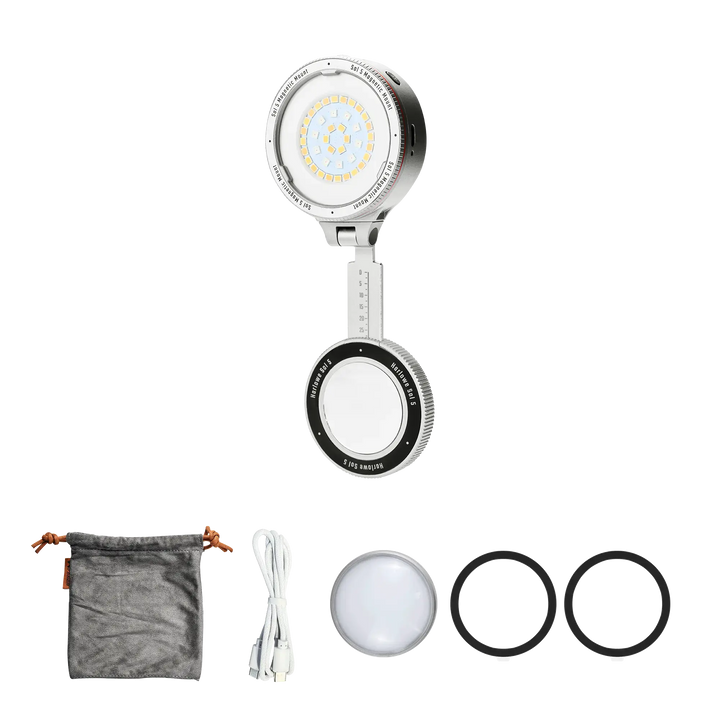 Harlowe Sol 5 Spectra RGBCW Mobile Light for MagSafe adding subtle color accents behind subjects for timeless content lighting