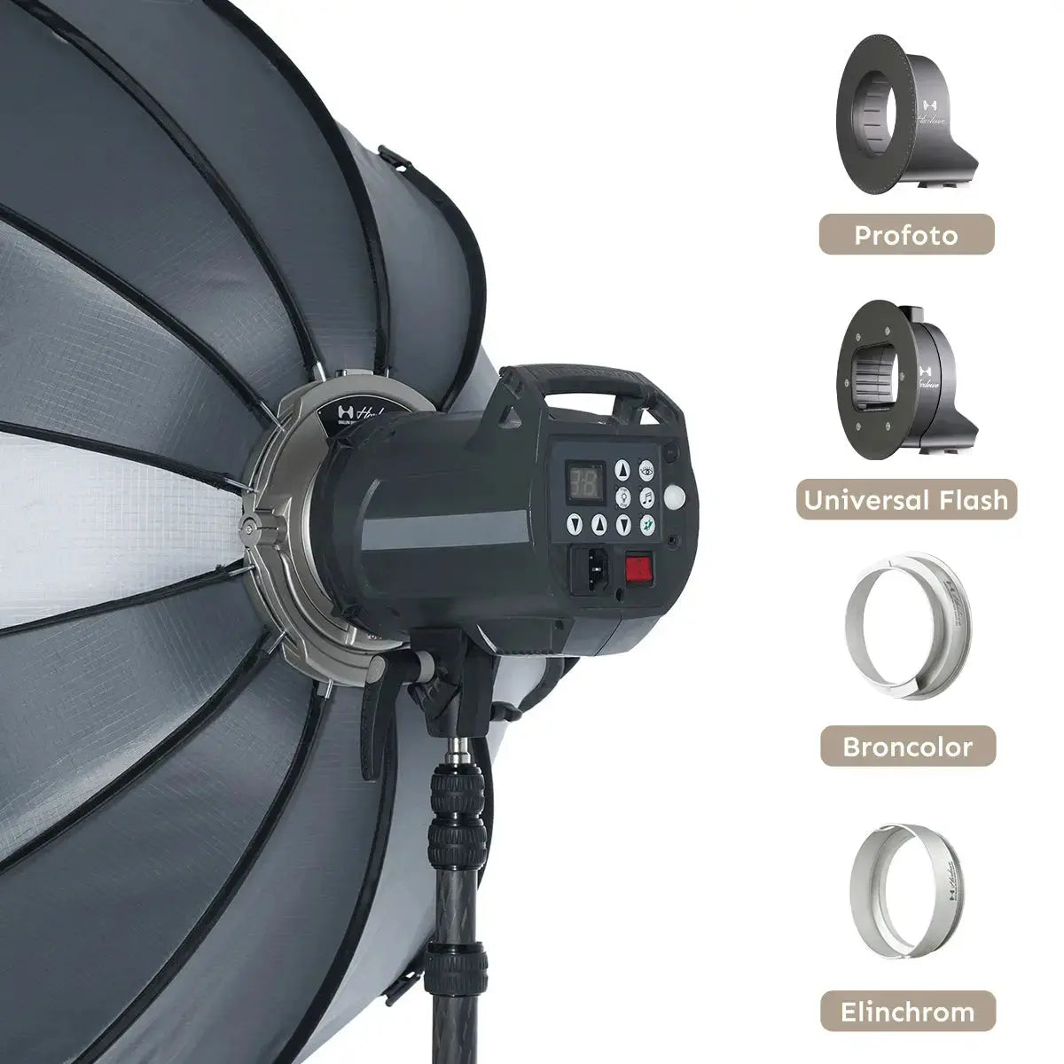 Harlowe 30in deep parabolic softbox, light unit, stand, and Profoto, Universal Flash, Broncolor, Elinchrom adapters shown.
