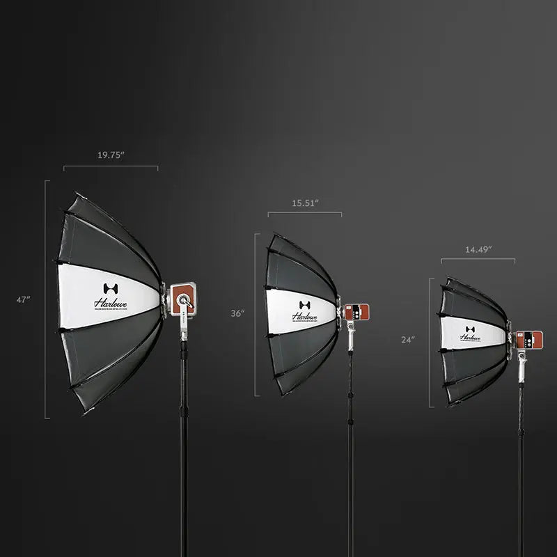 Harlowe Shallow Quick Release Softbox lighting comparison of 24in, 36in, and 47in sizes on stands.