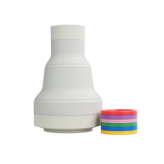 White collapsible snoot modifier for Mini Max next to stack of six colored magnetic CTO gels.