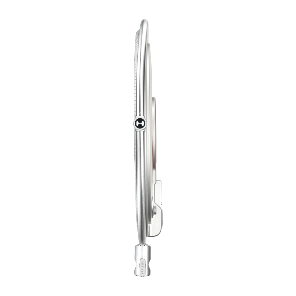 Harlowe Sol 100W LED panel light, silver side profile, slim design with ribbed texture, black logo, adjustable mount.