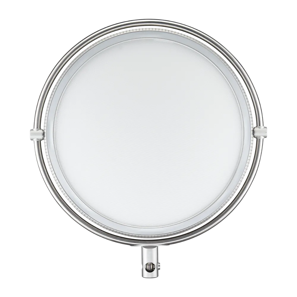Harlowe Sol 100W round LED panel light with silver frame, product shot for e-commerce.