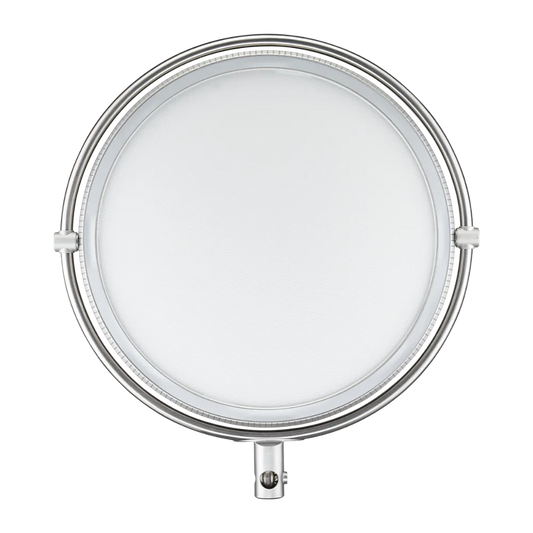 Harlowe Sol 100W round LED panel light with silver frame, product shot for e-commerce.