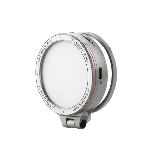 Compact silver Harlowe Sol 5 XM bi-color mobile light with 360° rotating magnetic mount for Xiaomi 14/15 Ultra.