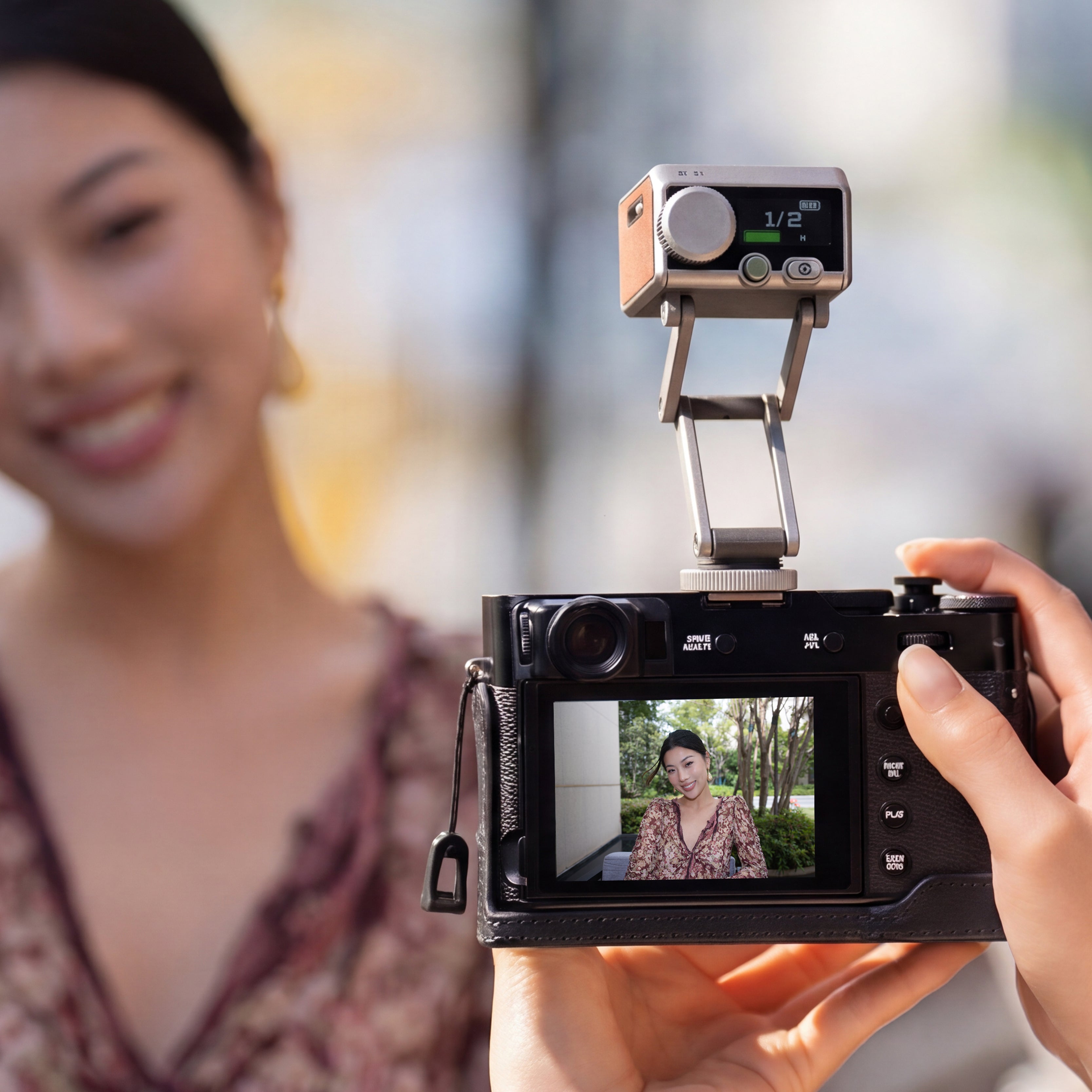 Pocket Flash raised above a camera for an outdoor portrait