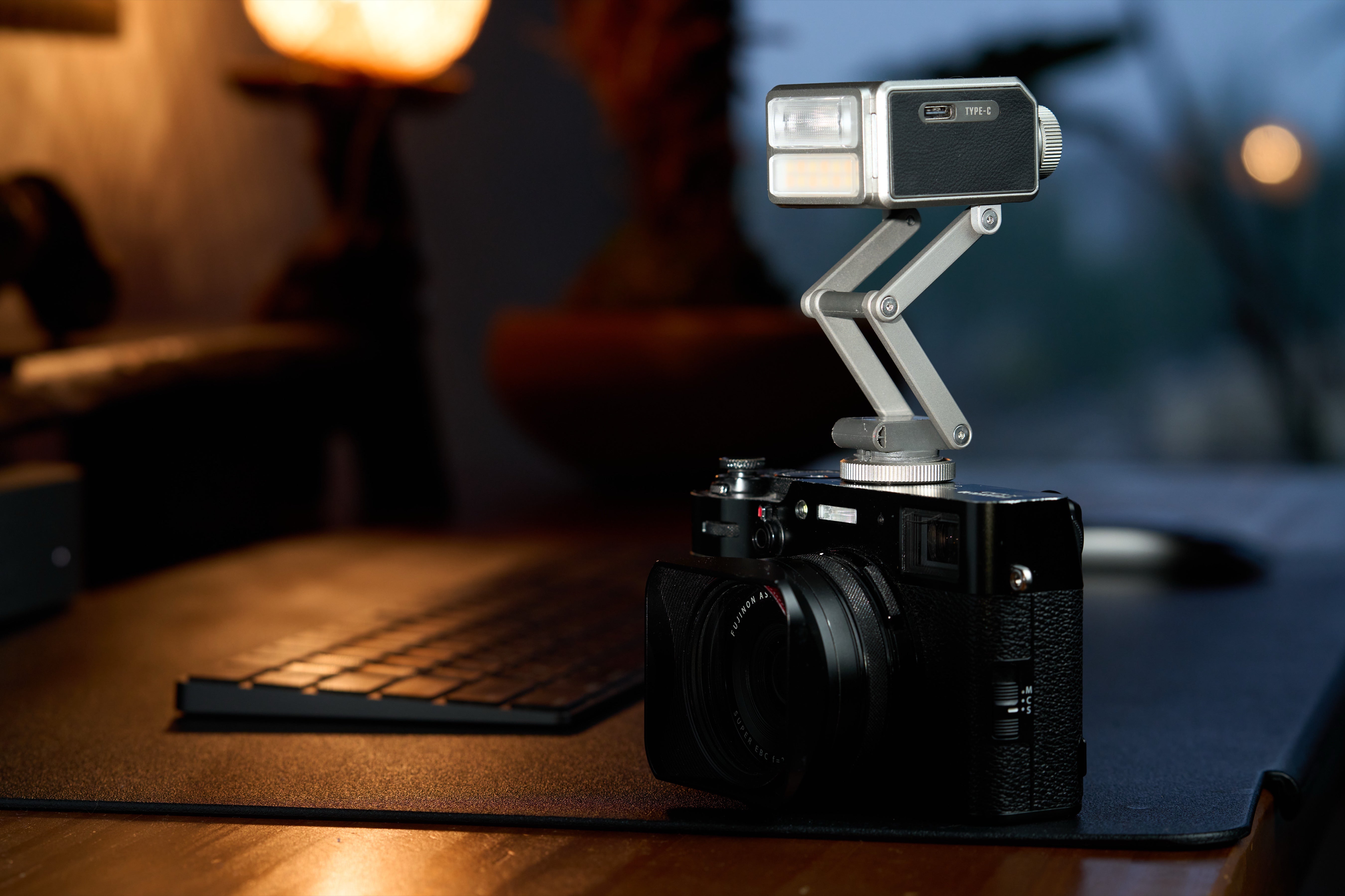 Pocket Flash mounted on a camera in a warm indoor setting